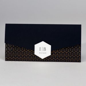 Langwerpige zwarte pochette met geometrisch patroon in koperfolie