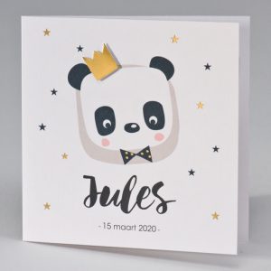 Geboortekaart met panda en gouden kroon