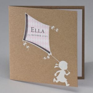 Kraft geboortekaart meisje met roze vlieger