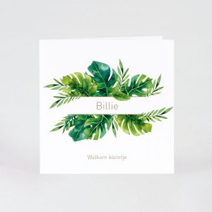 Boho geboortekaartje met groene tropical bladeren