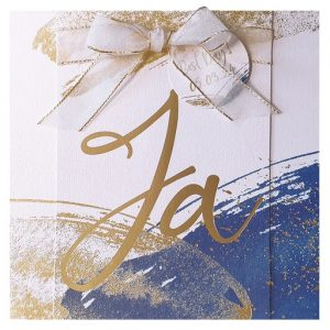 Huwelijkskaart - Aquarel blauw met gouden Ja